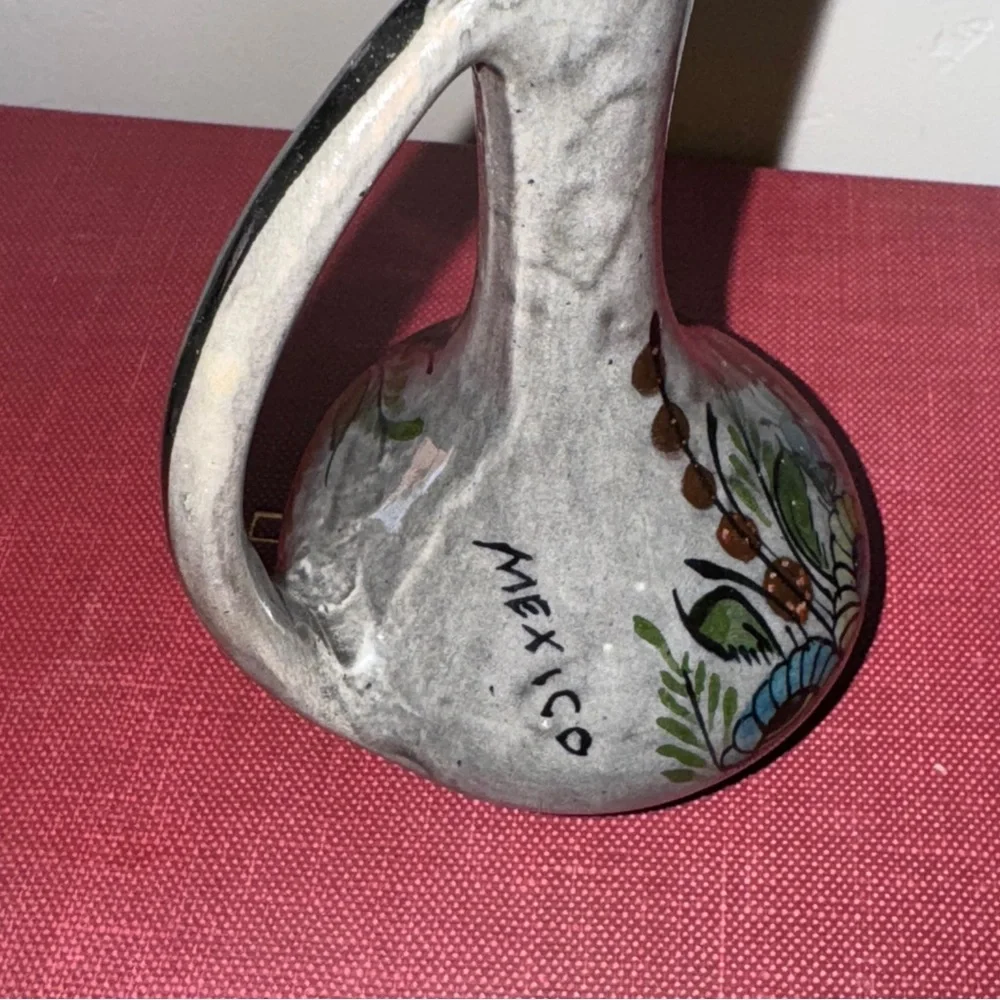 Vintage Handcrafted Mexican Floral Animal Folk Art Pottery Vase Glazed Marked